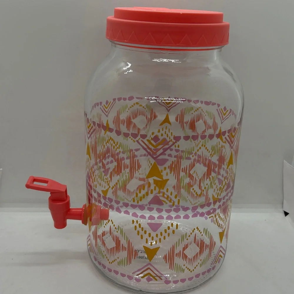 Vintage Colorful Glass Gallon Dispenser Sun Tea Jar:Rosy Geometric Design